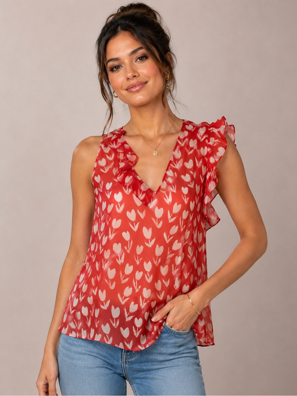 Emanuel Ungaro Coral Orange and Cream Floral Blouse
